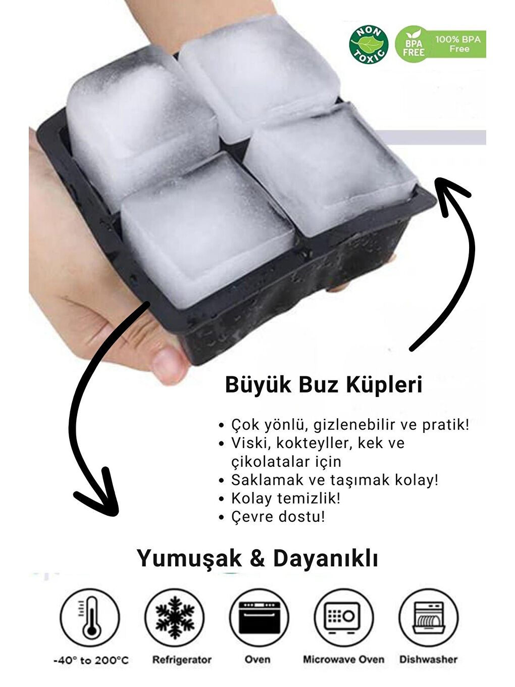 Ecrou Siyah Çok Amaçlı 4 Bölmeli Silikon Kare Buz Kalıbı Dondurucu Kase 16 X 16 X 6 cm - 3