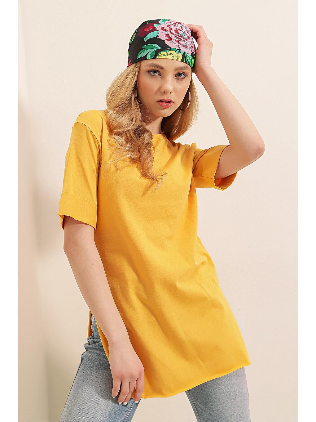 Sarı 4123 Yırtmaçlı Oversize Tişört - Hardal-1