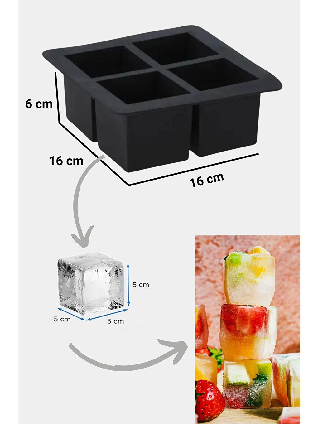 Ecrou Siyah Çok Amaçlı 4 Bölmeli Silikon Kare Buz Kalıbı Dondurucu Kase 16 X 16 X 6 cm - 5