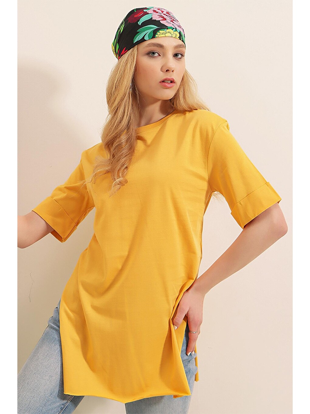 Sarı 4123 Yırtmaçlı Oversize Tişört - Hardal-2