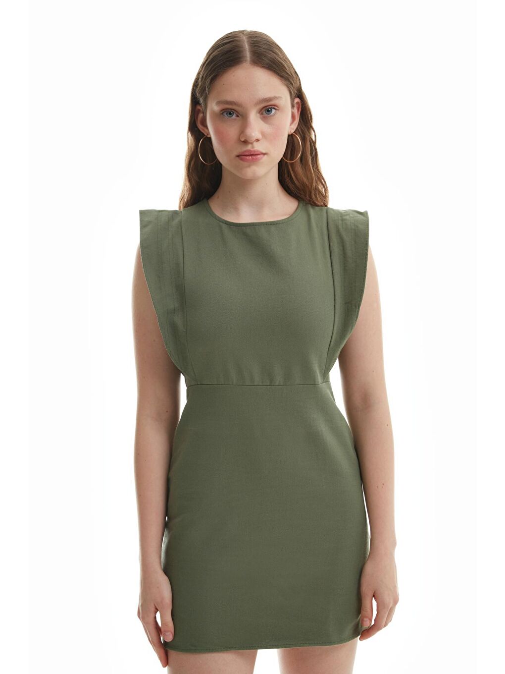 Volanlı Gabardin Elbise Haki-2