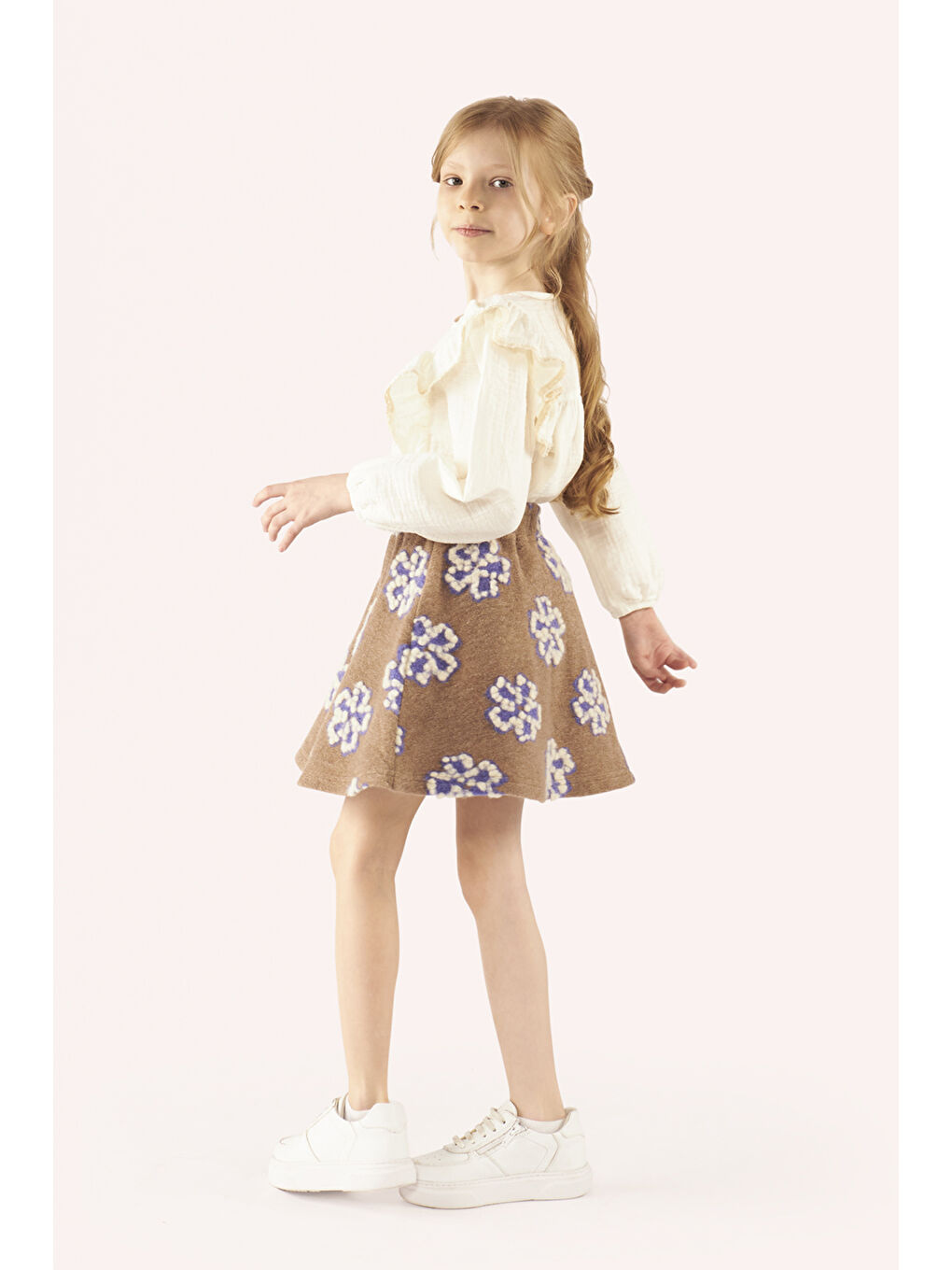 Kahverengi Kız Çocuk Çiçek Desenli Camel Etek-1