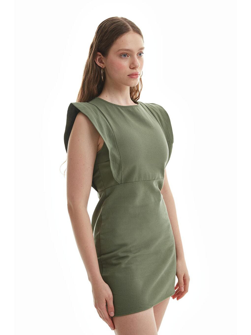 Volanlı Gabardin Elbise Haki-3