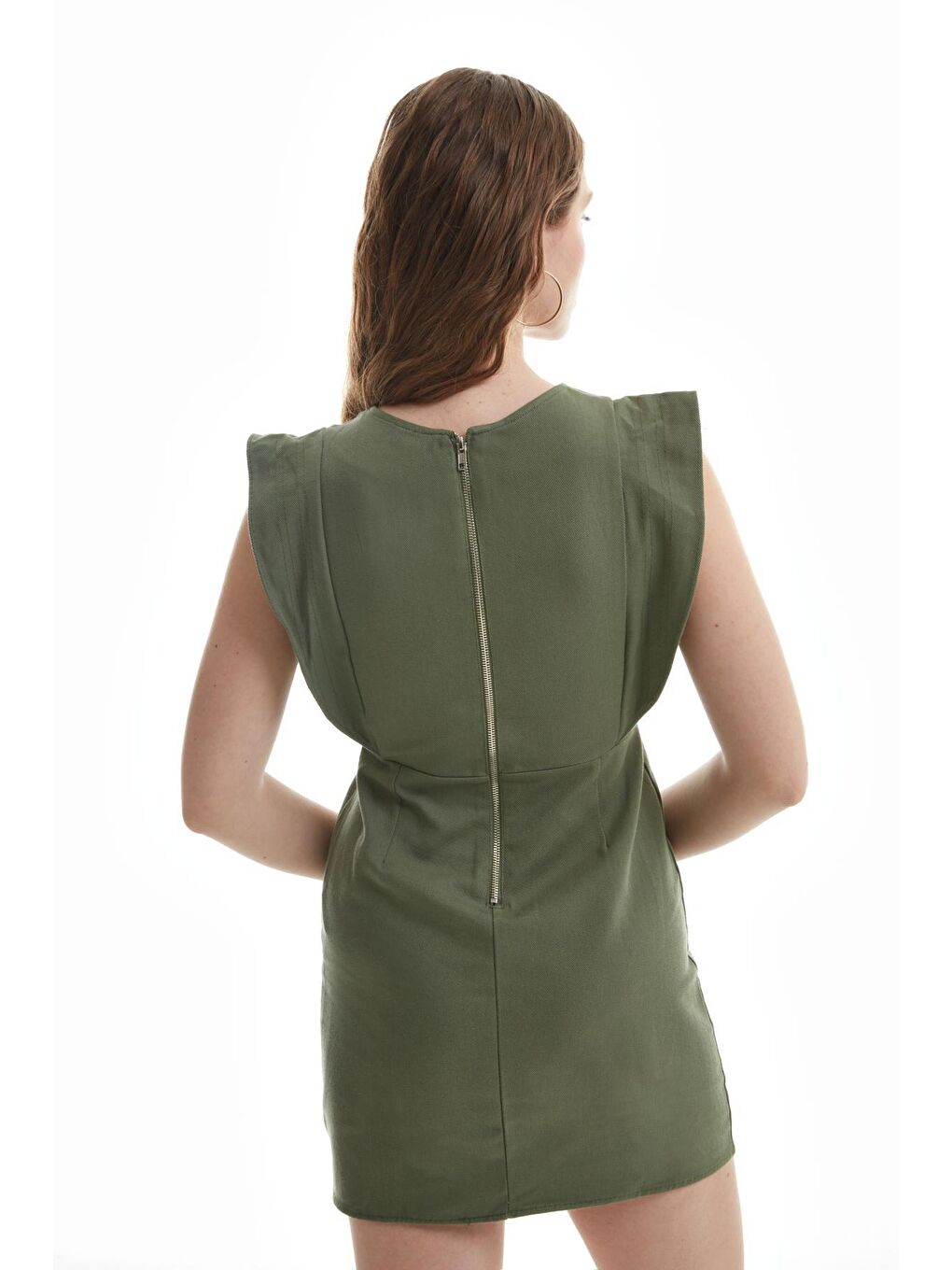 Volanlı Gabardin Elbise Haki-4