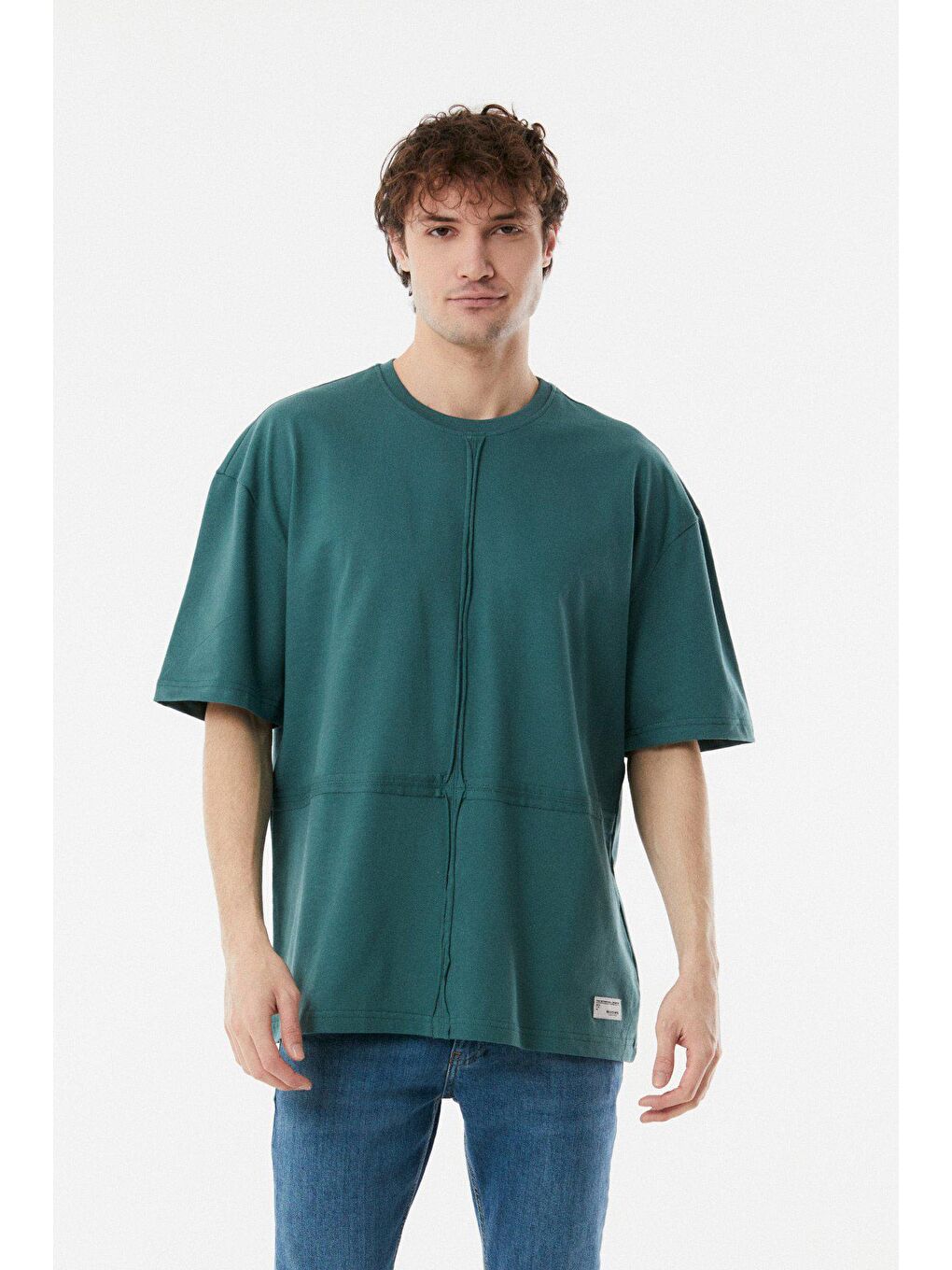 Petrol Parçalı Bisiklet Yaka Oversize Tişört