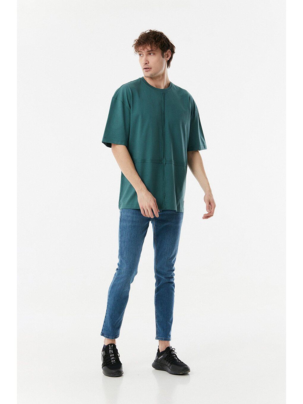 Petrol Parçalı Bisiklet Yaka Oversize Tişört-1