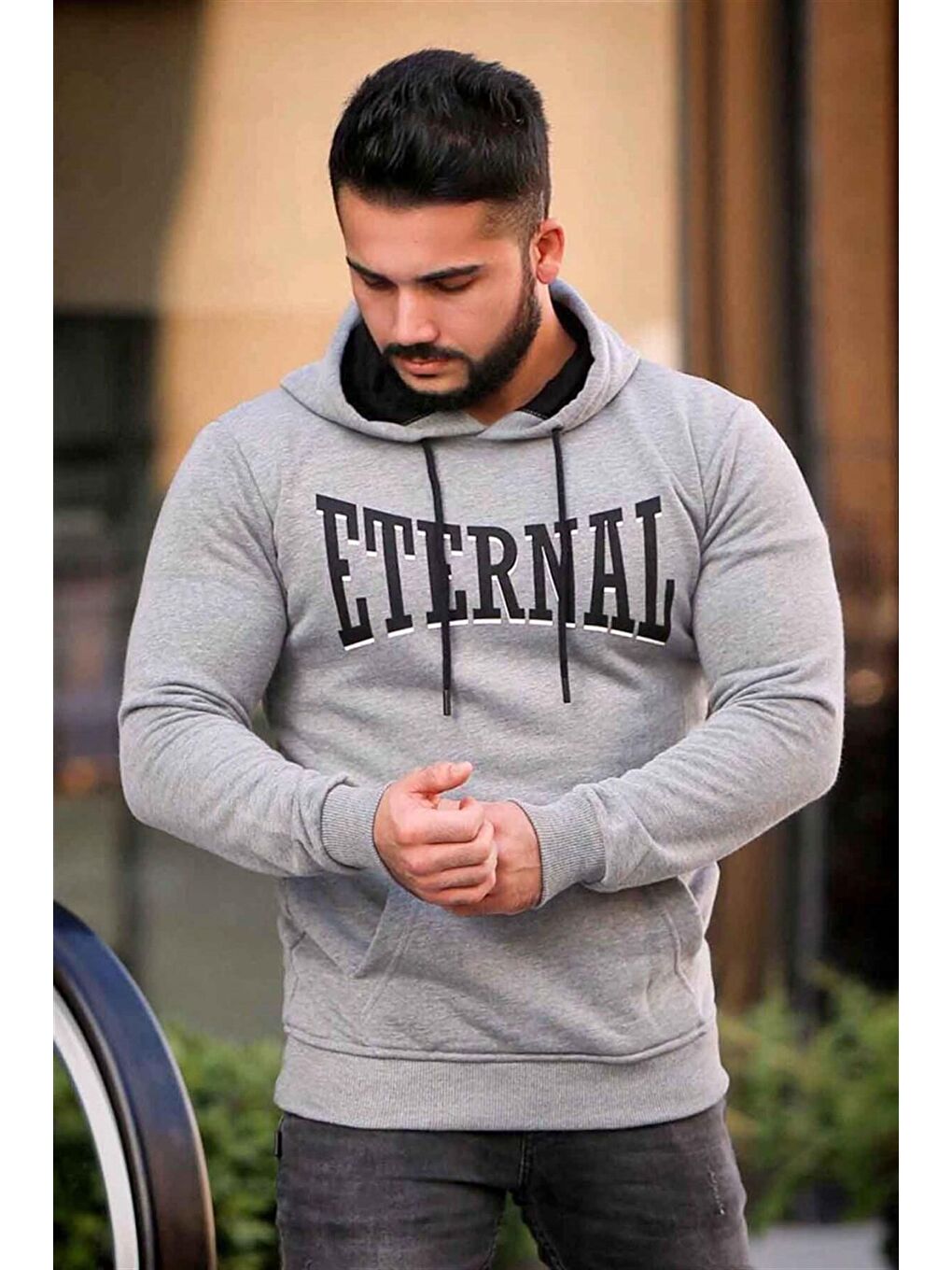 Madmext Gri Baskılı Gri kapüşonlu Sweatshirt 4175