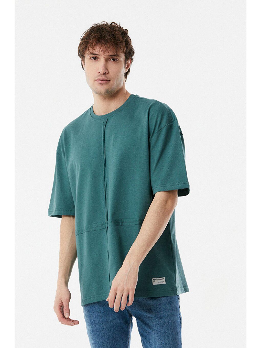 Petrol Parçalı Bisiklet Yaka Oversize Tişört-2