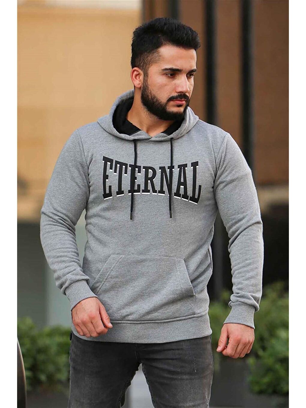 Madmext Gri Baskılı Gri kapüşonlu Sweatshirt 4175 - 1