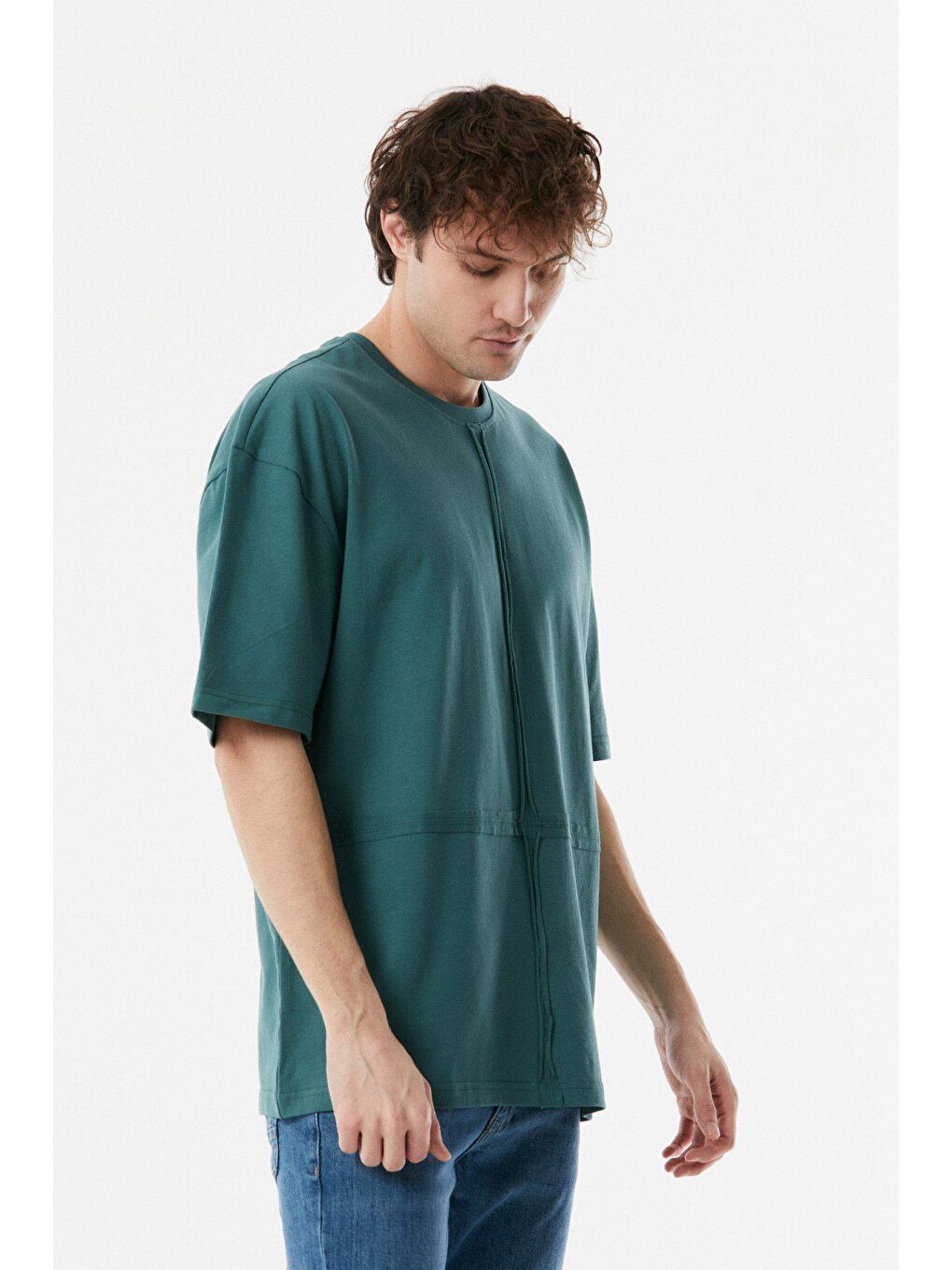 Petrol Parçalı Bisiklet Yaka Oversize Tişört-3