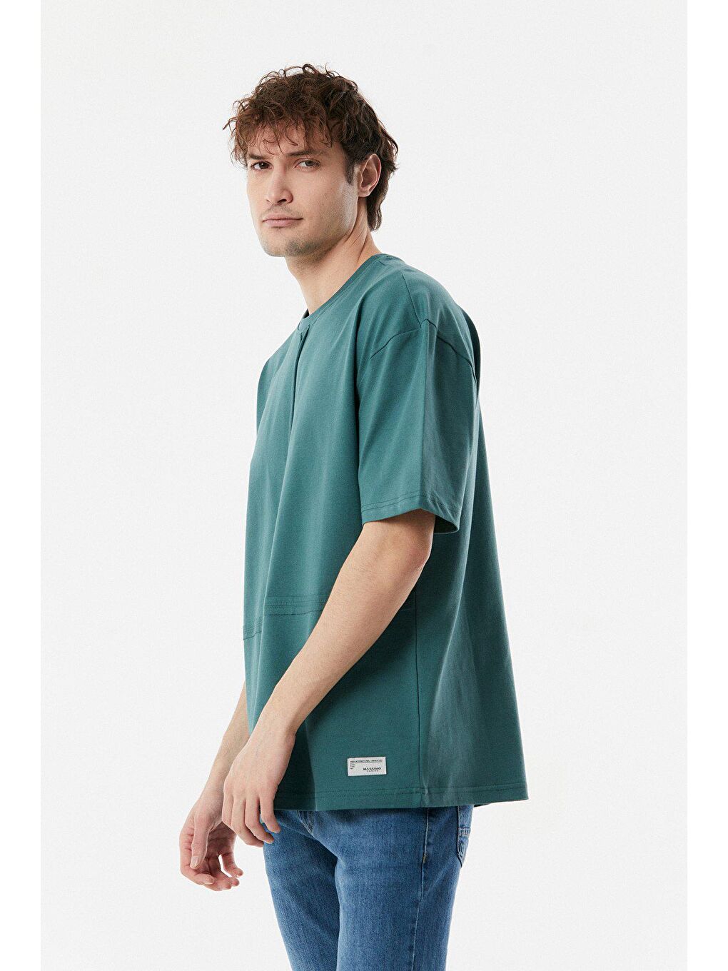 Petrol Parçalı Bisiklet Yaka Oversize Tişört-4