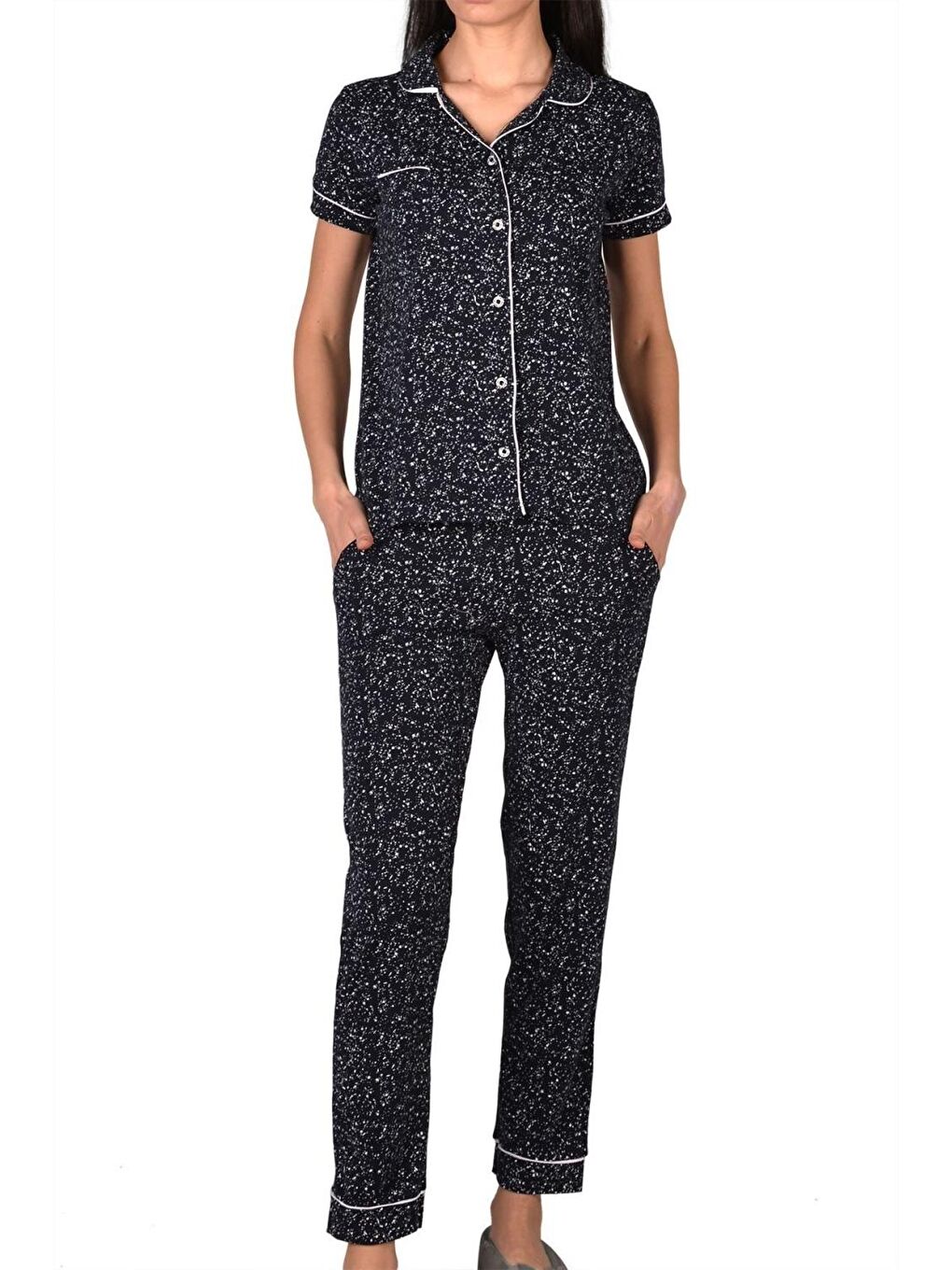 Lacivert Kadın Pijama Takımı Kısa Kollu Düğmeli Cepli Pamuk Elastanlı Laci