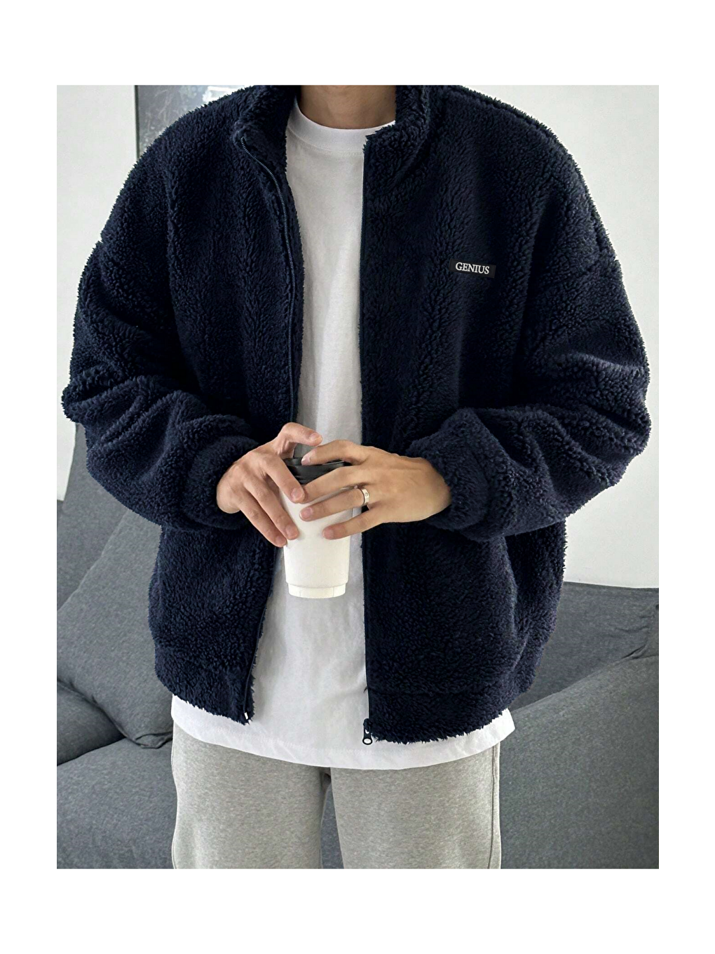 GENIUS STORE Lacivert Oversize Tam Fermuarlı Kuzu Sweatshirt İçi Polarlı Sherpa Kumaş Sweatshirt