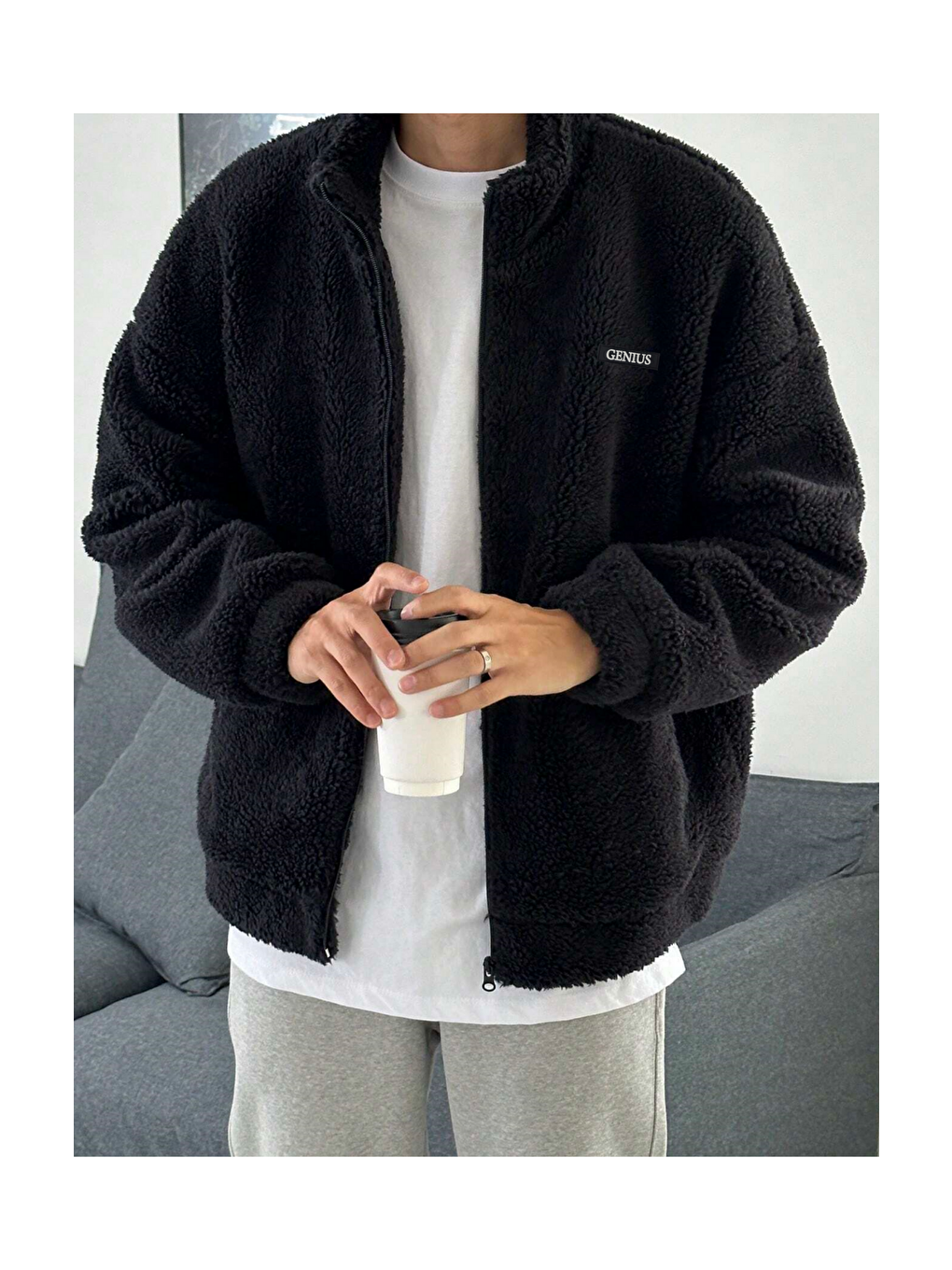 GENIUS STORE Siyah Oversize Tam Fermuarlı Kuzu Sweatshirt İçi Polarlı Sherpa Kumaş Sweatshirt