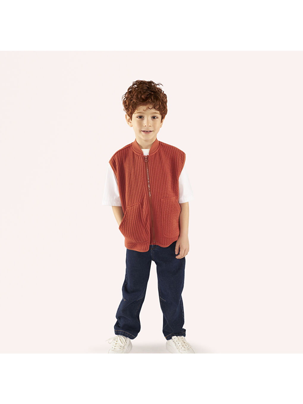 Kahverengi Erkek Çocuk Fermuarlı Kiremit Rengi Yelek-3