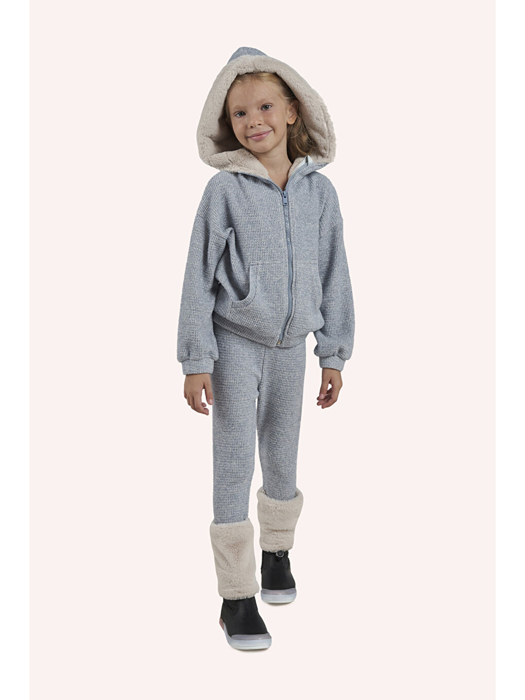 Kız Çocuk Paçası Kürk Detaylı Mavi Örme Triko Tayt-1