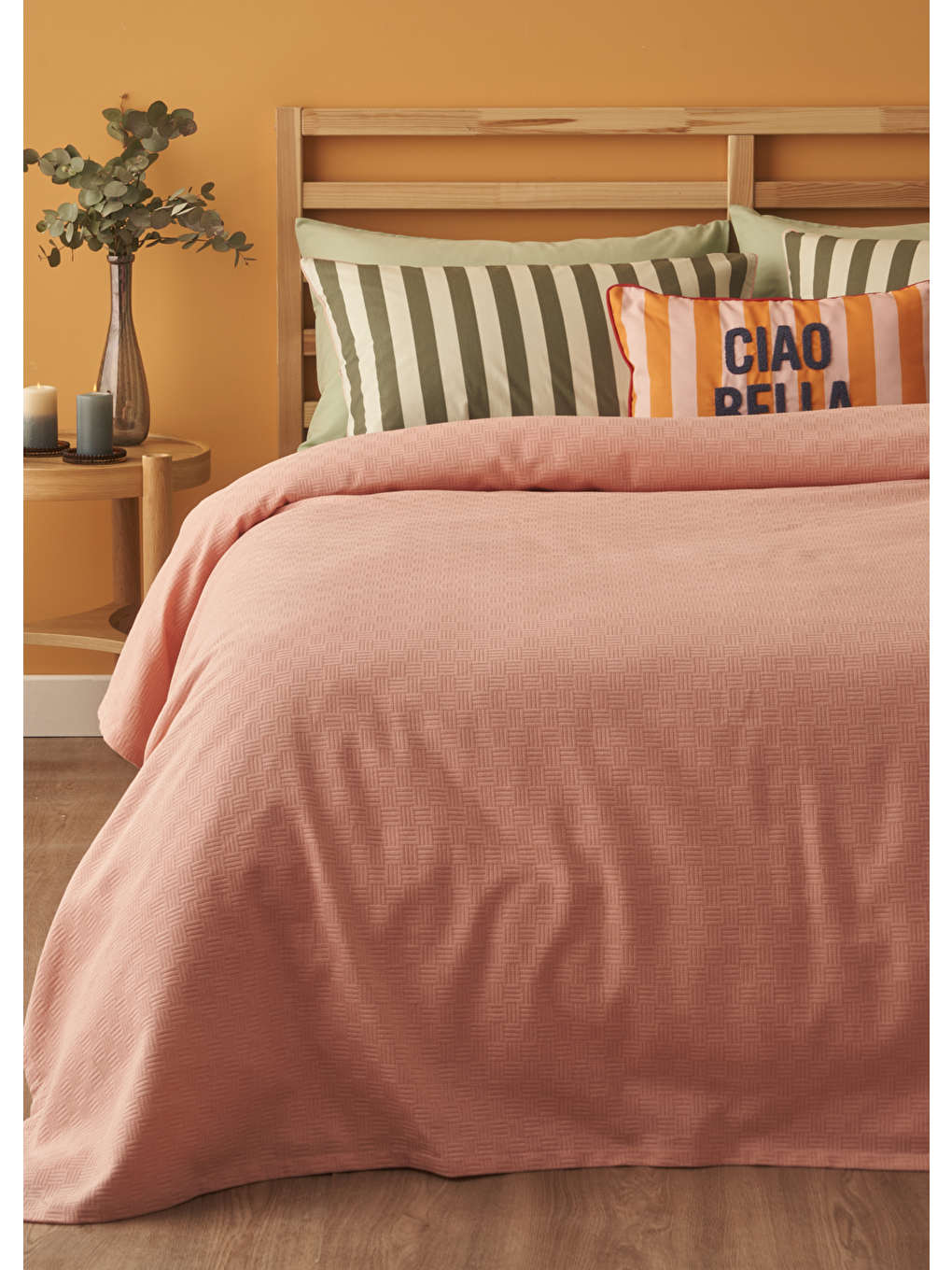 Pembe %100 Pamuk Line Tek Kişilik Pike Takımı Somon (150x220 Cm)