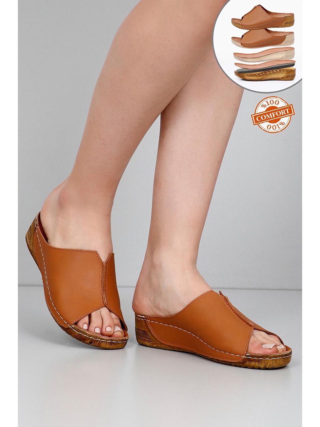 Kahverengi Hakiki Dolgu Tabanlı Deri Kadın Terlik 42313