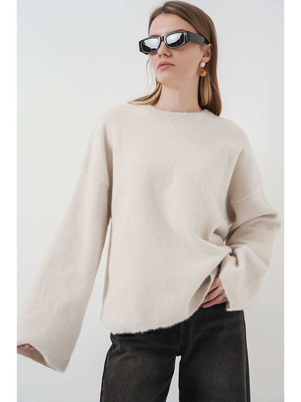 Bej 15915 Yumuşak Dokulu Triko Kazak - Taş