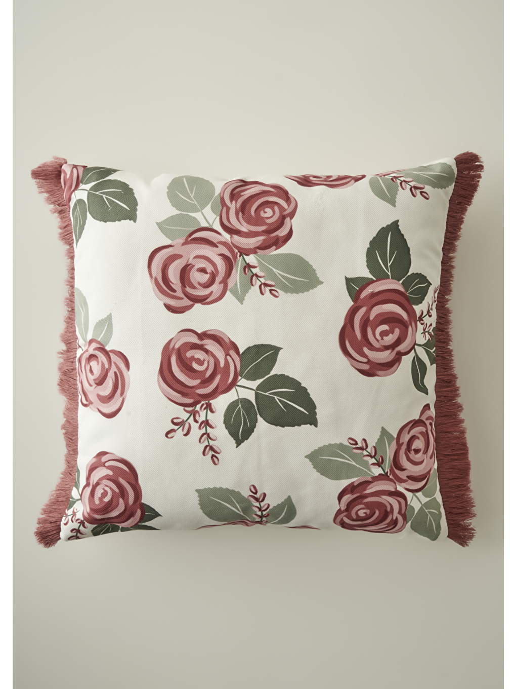 Ekru Rose Baskılı Kırlent Kılıfı Krem (43x43 Cm)