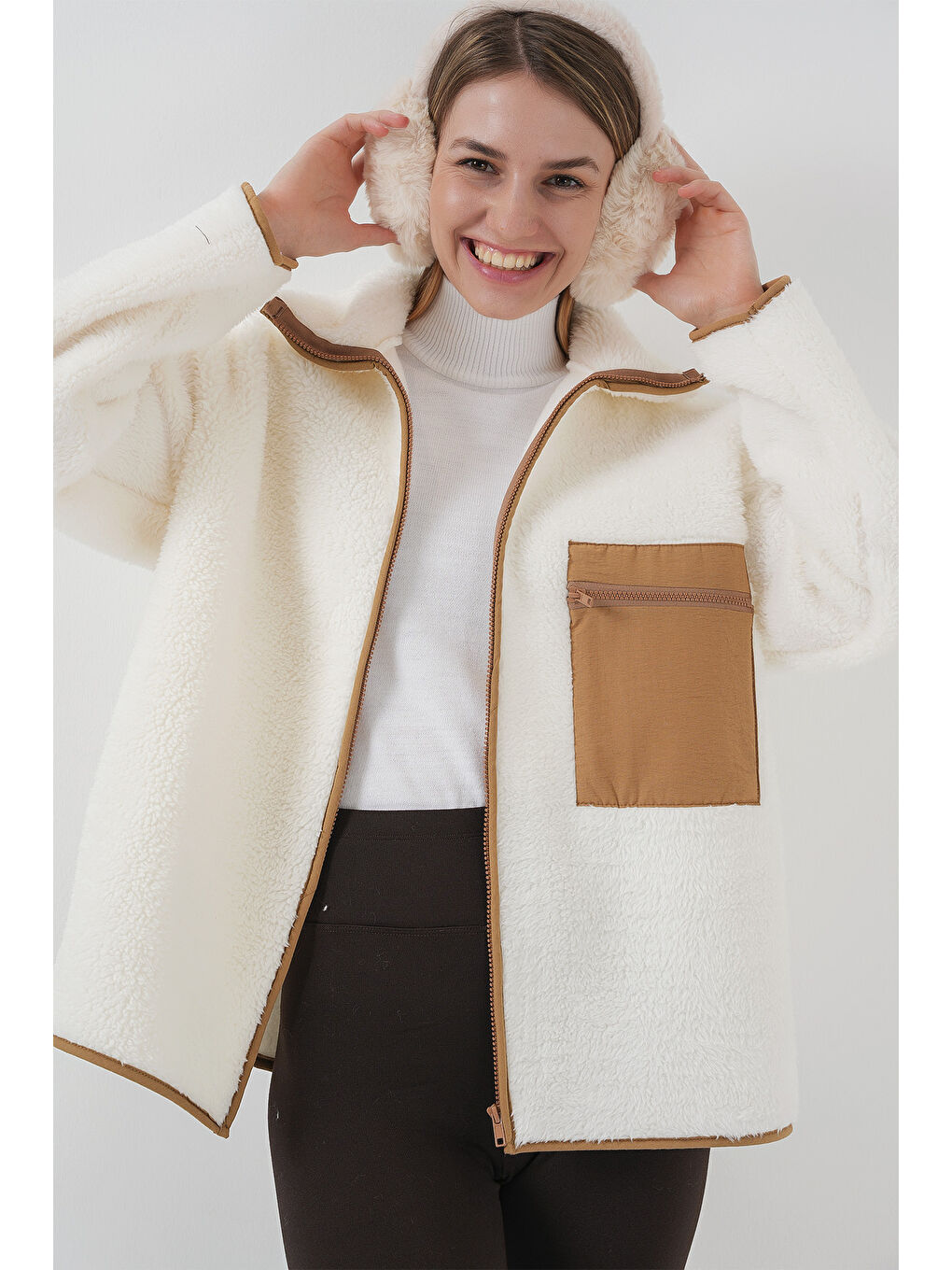 Sarı 55446 Fermuarlı Oversize Pelüş Ceket Mont   Camel