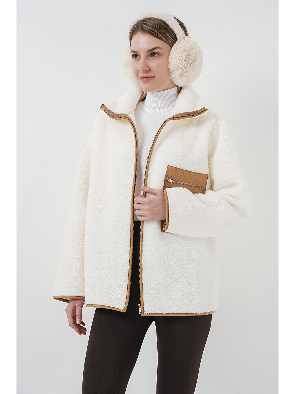 Sarı 55446 Fermuarlı Oversize Pelüş Ceket Mont   Camel-1