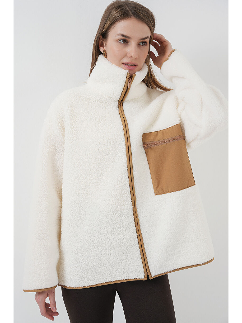 Sarı 55446 Fermuarlı Oversize Pelüş Ceket Mont   Camel-2