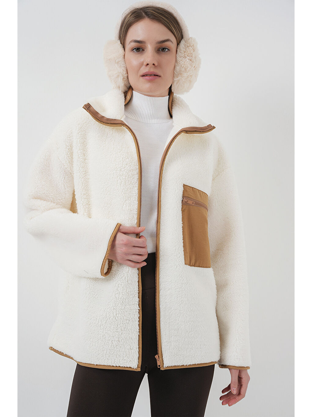 Sarı 55446 Fermuarlı Oversize Pelüş Ceket Mont   Camel-3