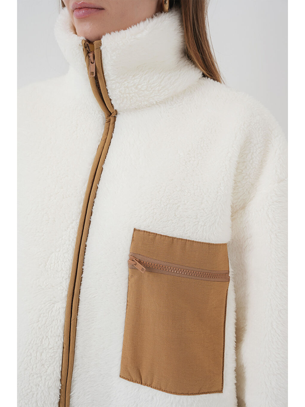 Sarı 55446 Fermuarlı Oversize Pelüş Ceket Mont   Camel-4