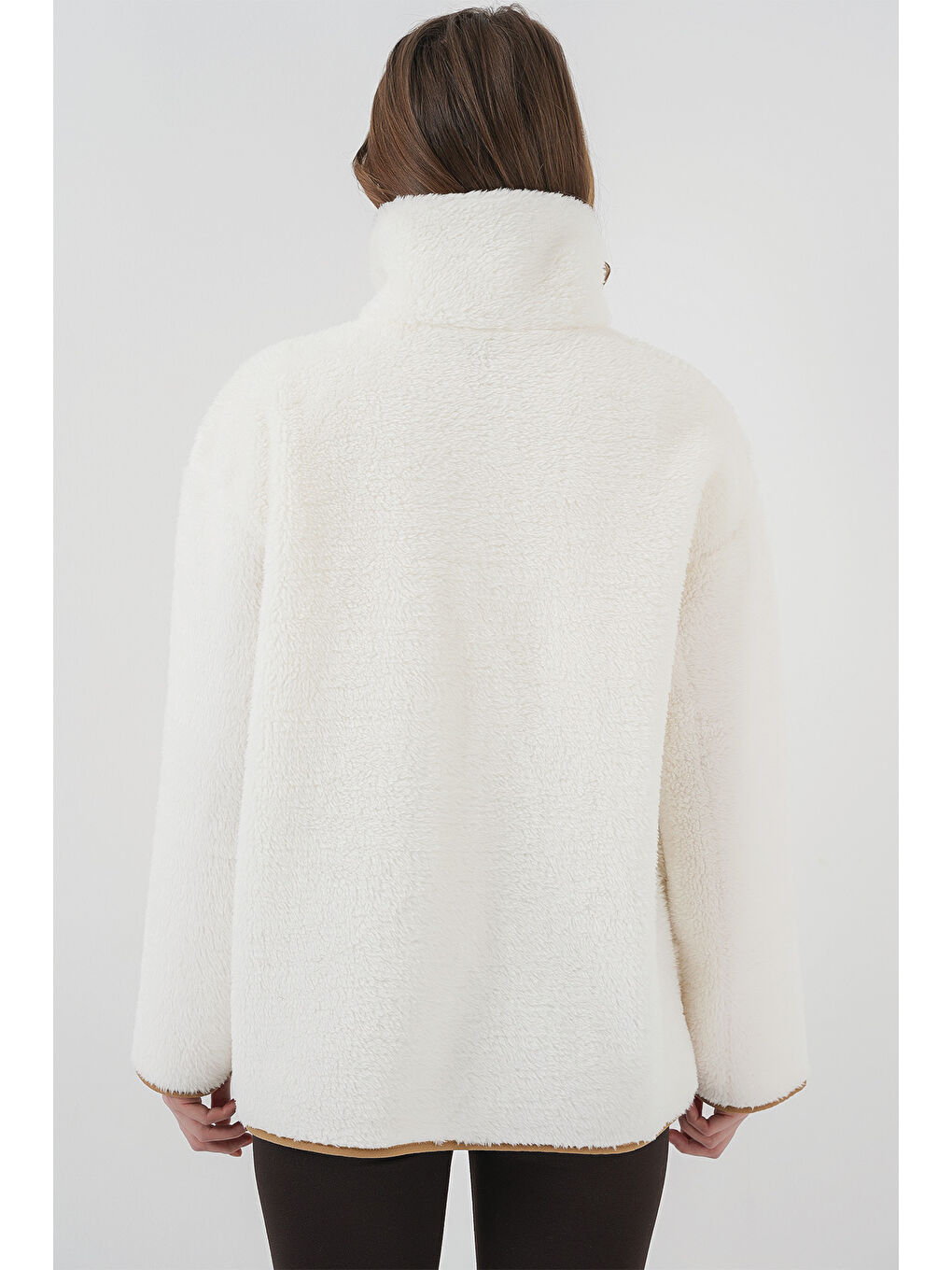 Sarı 55446 Fermuarlı Oversize Pelüş Ceket Mont   Camel-5