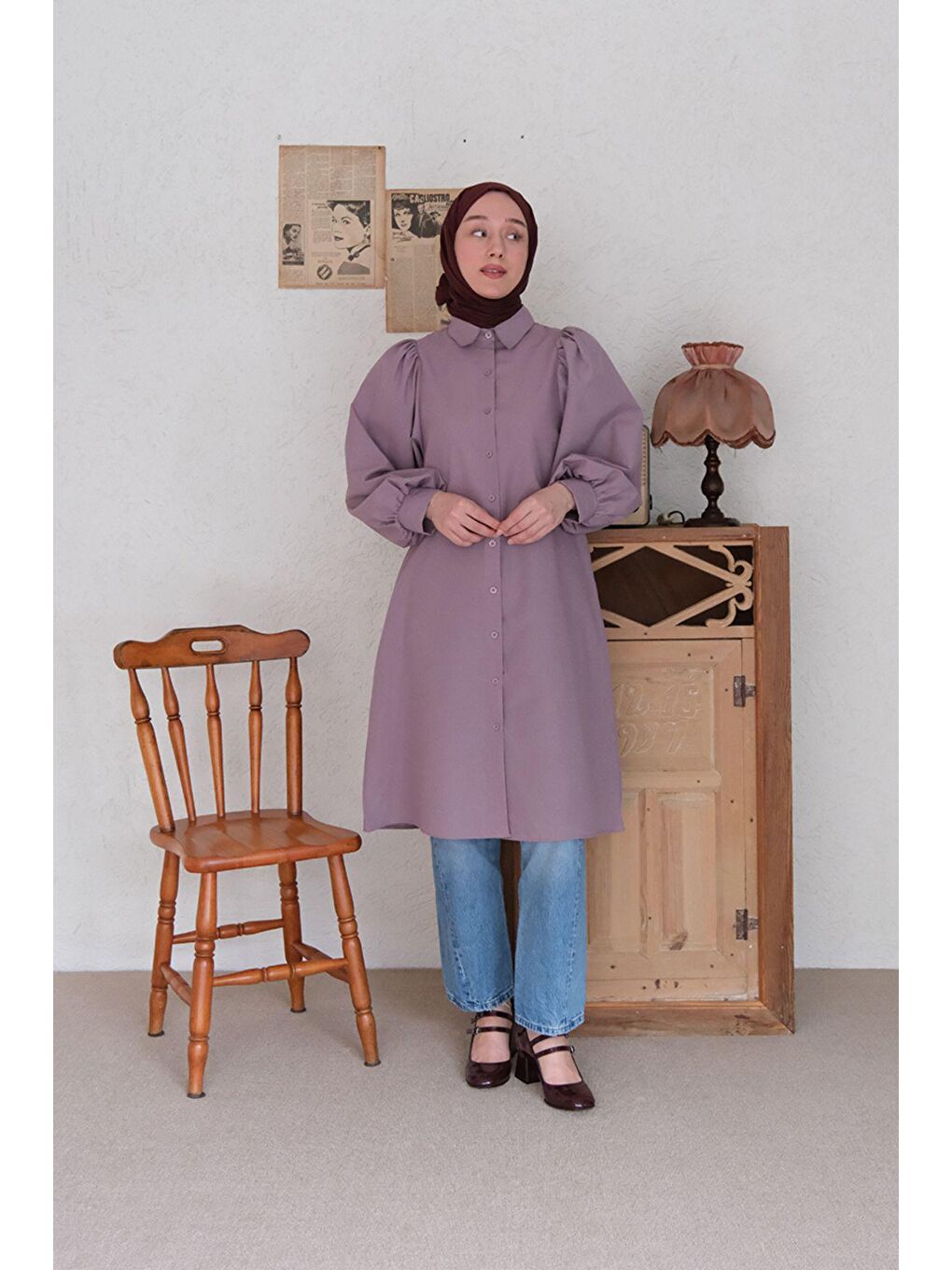 Soft Mor Balon Kol Uzun Gömlek