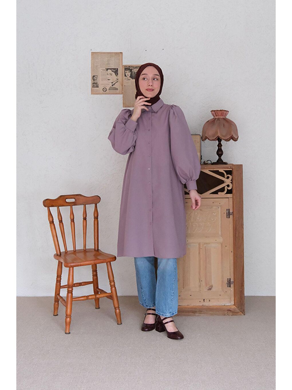 Soft Mor Balon Kol Uzun Gömlek-1