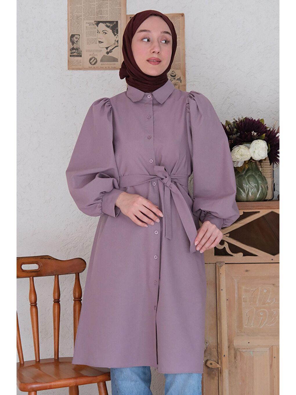Soft Mor Balon Kol Uzun Gömlek-3