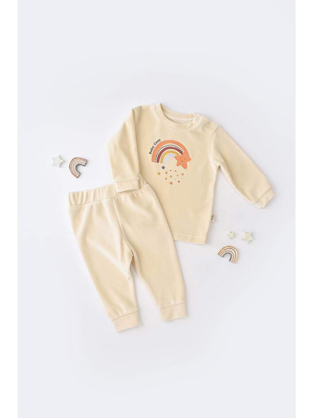 Bej Kadife Yıldız Desenli Alt & Üst Takım