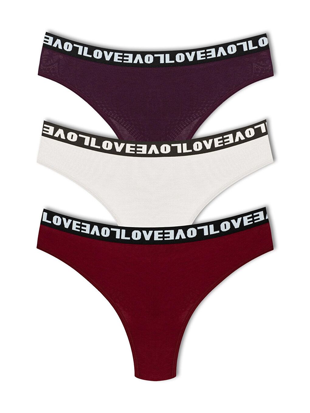 Ekru Pamuklu Arkası Dantel LOVE Lastik Tanga Kadın Külot 3'lü