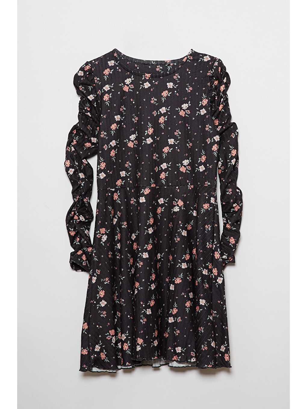 Siyah Çiçek Desenli Kolları Büzülü Kız Çocuk Elbise
