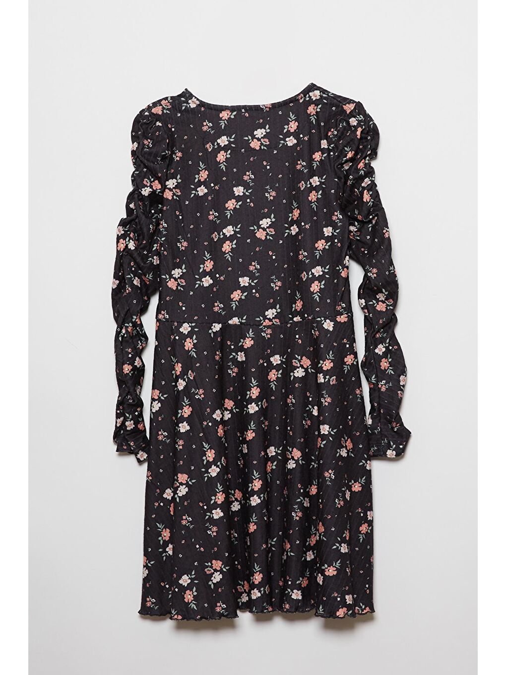 Siyah Çiçek Desenli Kolları Büzülü Kız Çocuk Elbise-1