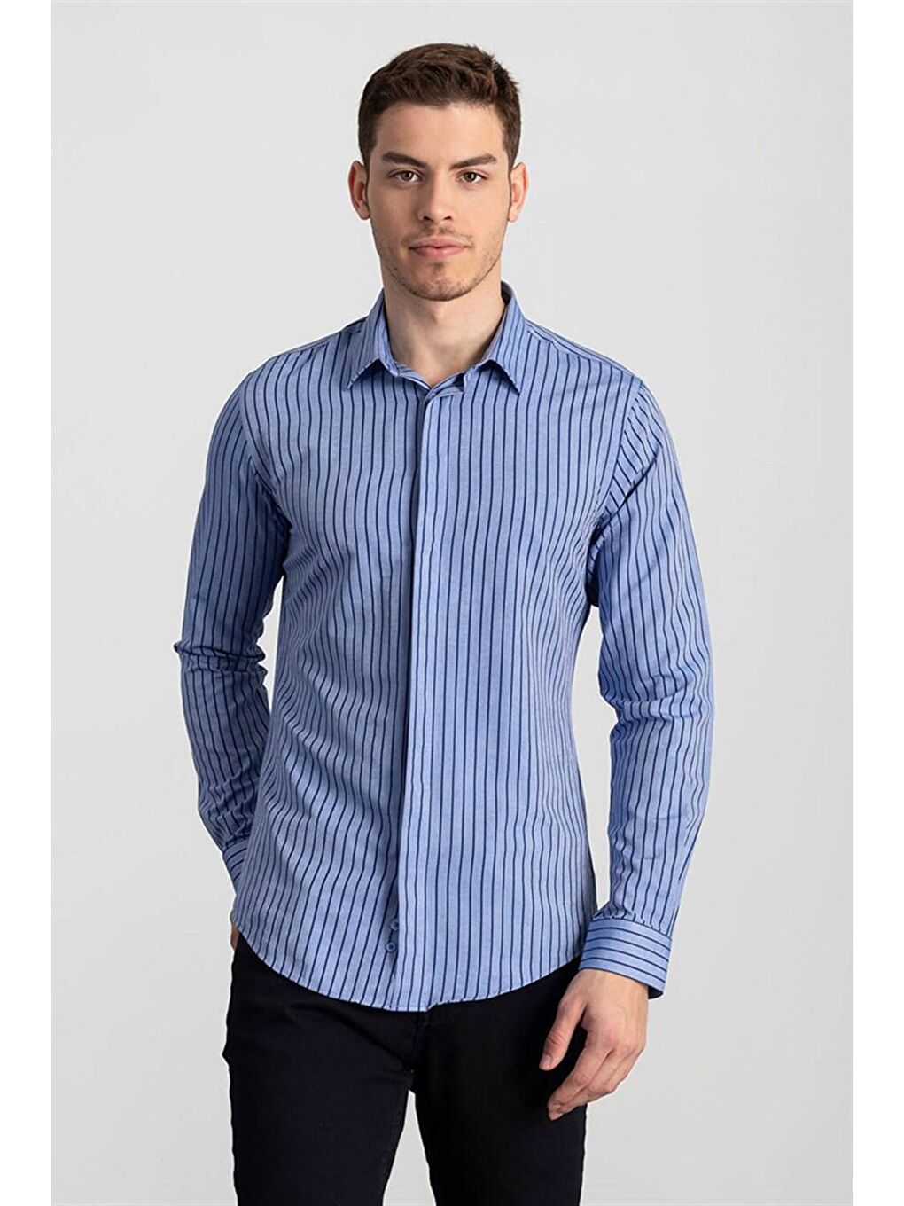 Slim Fit Pamuklu Kolay Ütü Çizgili Erkek Mavi Gömlek