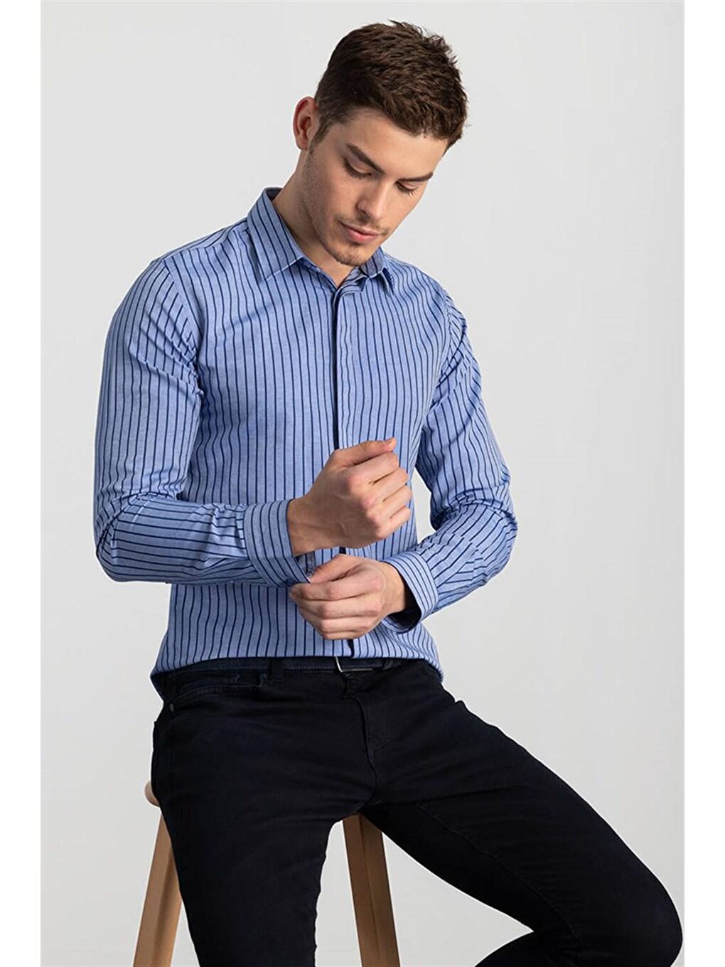 Slim Fit Pamuklu Kolay Ütü Çizgili Erkek Mavi Gömlek-1