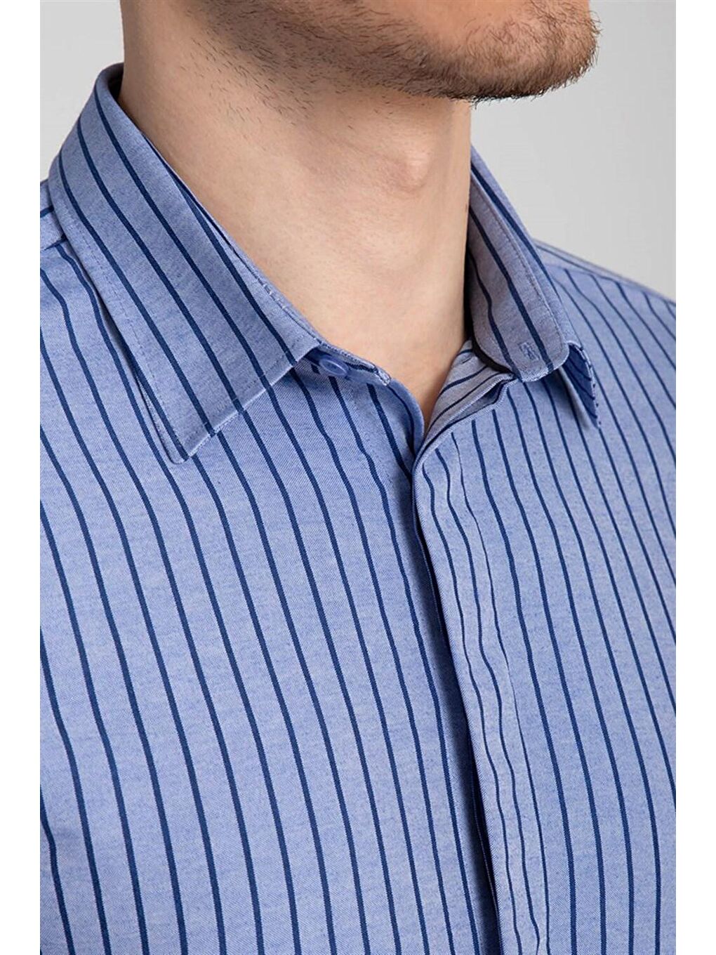 Slim Fit Pamuklu Kolay Ütü Çizgili Erkek Mavi Gömlek-2