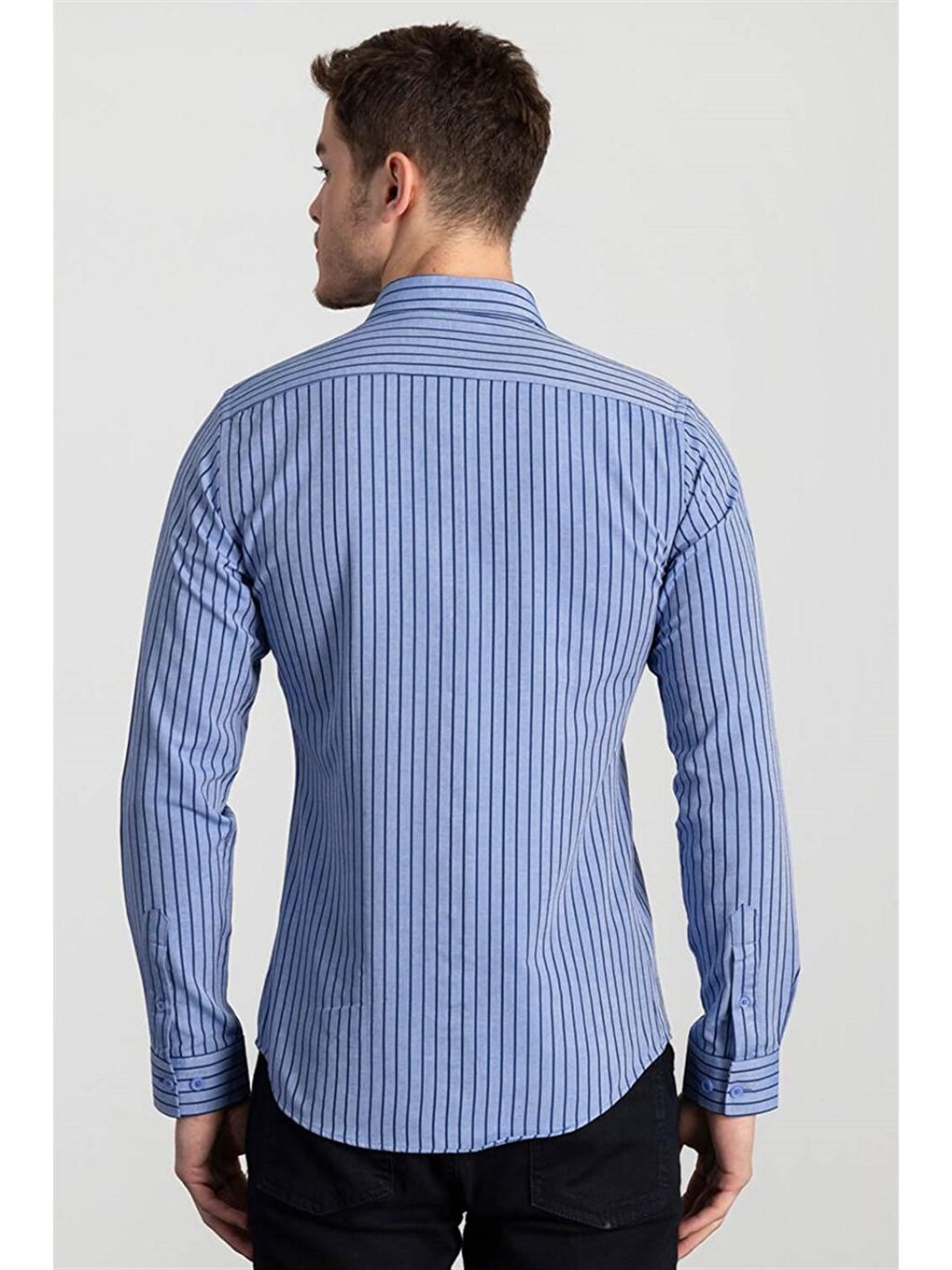 Slim Fit Pamuklu Kolay Ütü Çizgili Erkek Mavi Gömlek-3