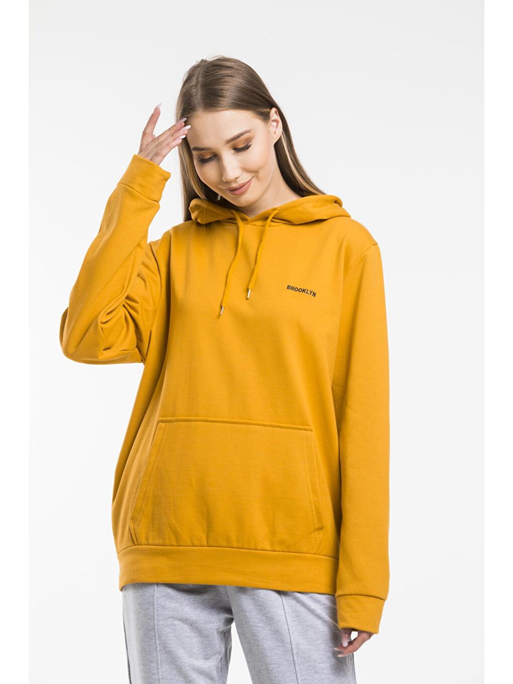 Süperlife Hardal Sarı Kadın Kapşonlu Regular Fit Baskılı Sweatshirt SPR21K61