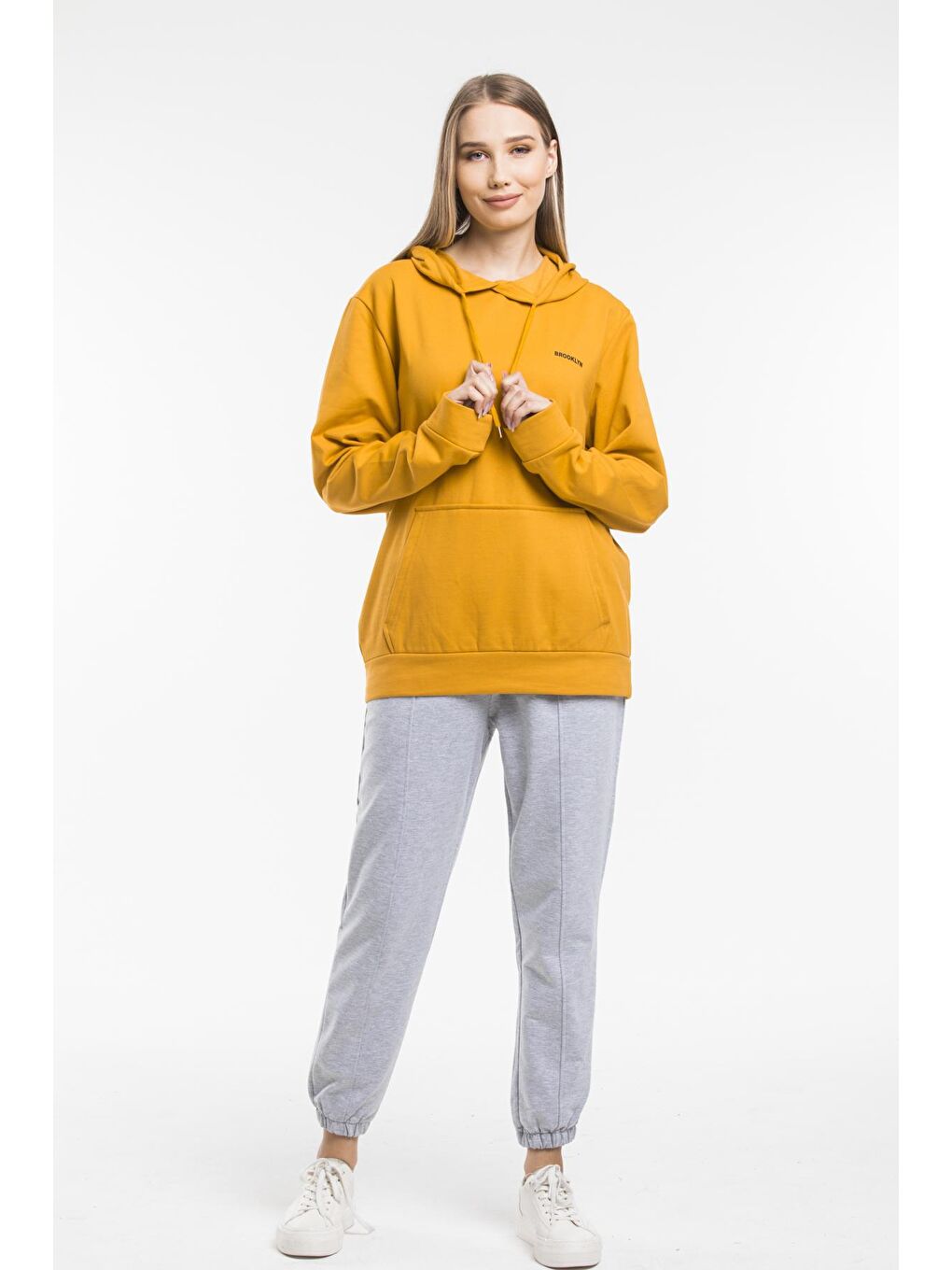 Süperlife Hardal Sarı Kadın Kapşonlu Regular Fit Baskılı Sweatshirt SPR21K61 - 1