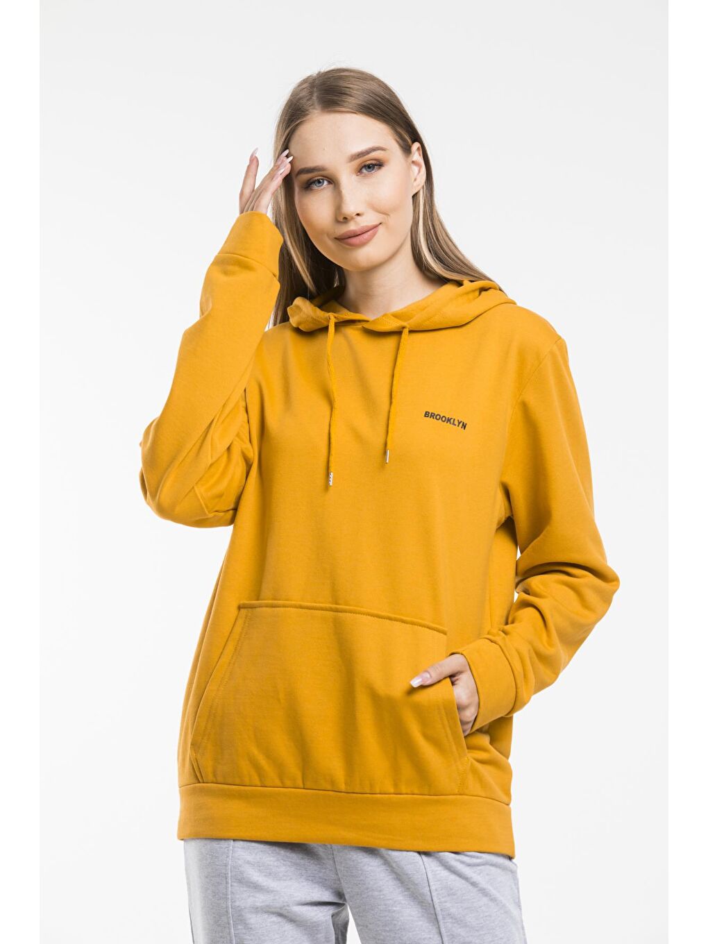 Süperlife Hardal Sarı Kadın Kapşonlu Regular Fit Baskılı Sweatshirt SPR21K61 - 3