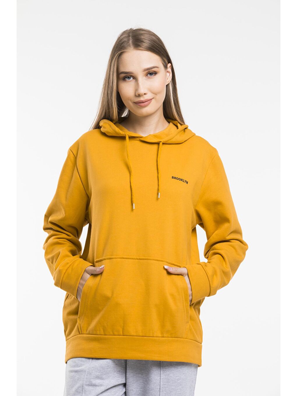 Süperlife Hardal Sarı Kadın Kapşonlu Regular Fit Baskılı Sweatshirt SPR21K61 - 4