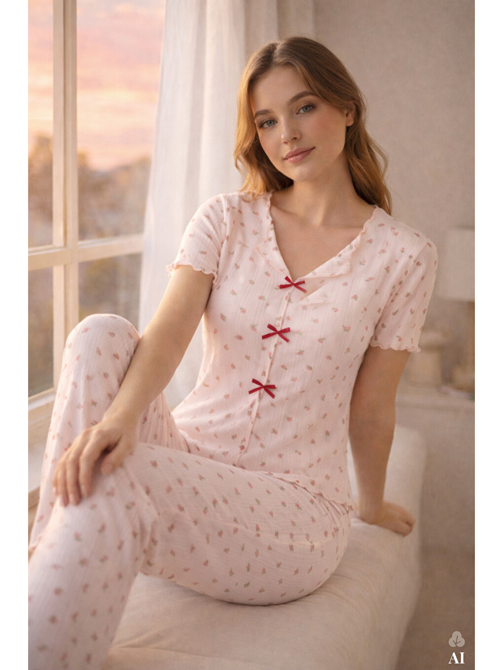 Pembe Kadın Kısa Kollu Fiyonklu Fitilli Pijama Takımı