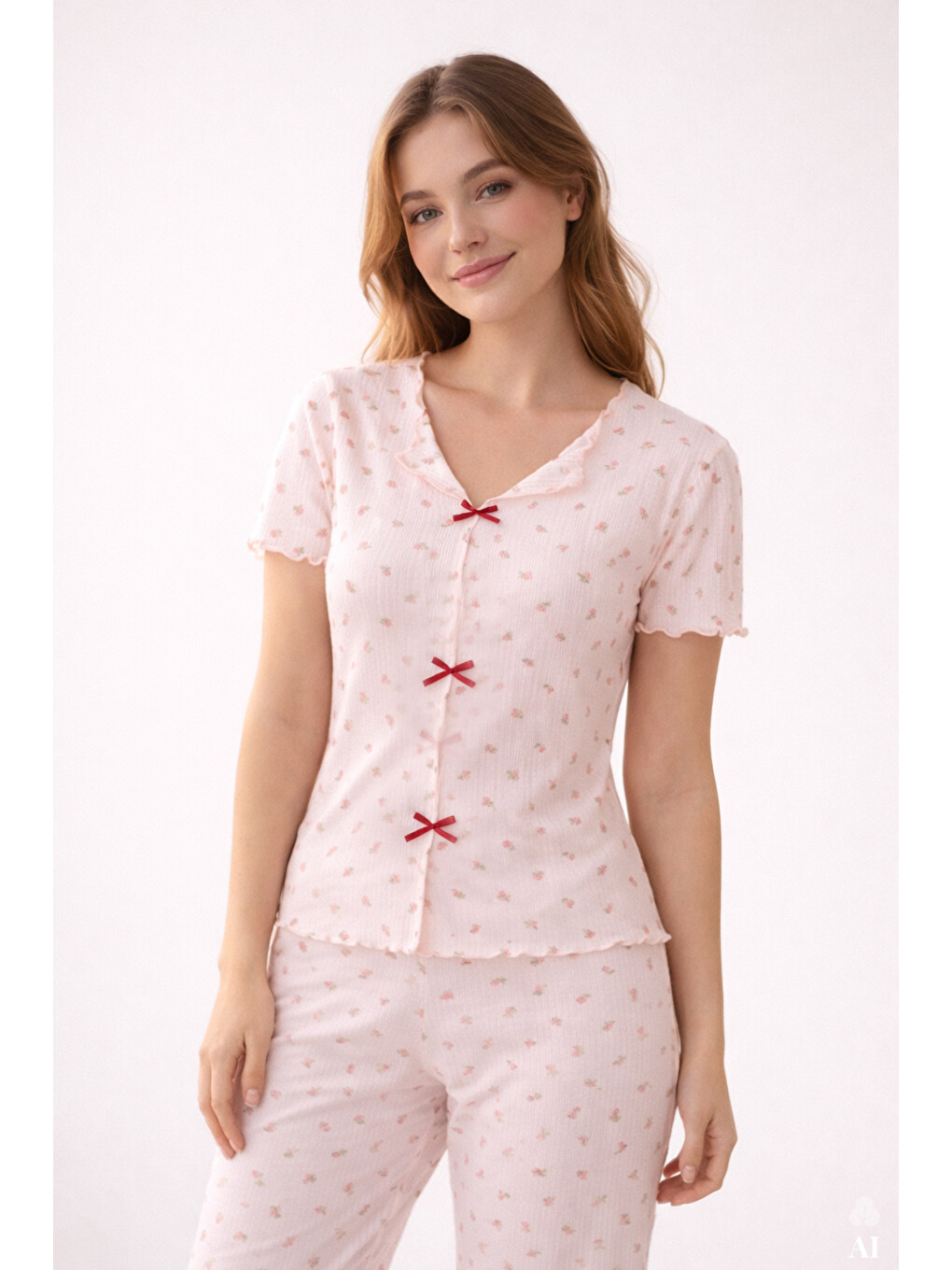 Pembe Kadın Kısa Kollu Fiyonklu Fitilli Pijama Takımı-1