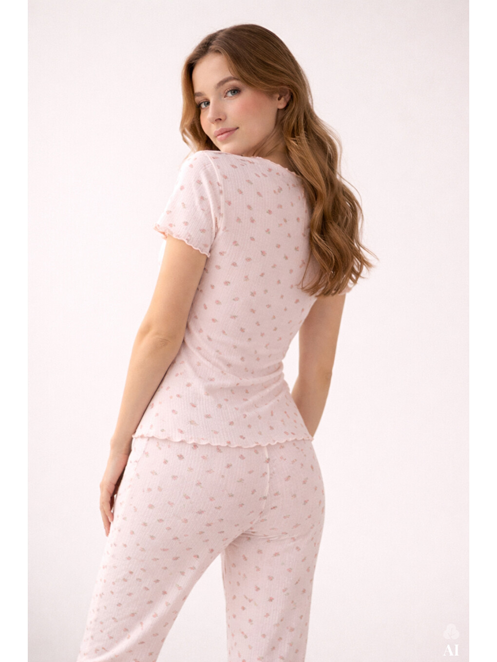 Pembe Kadın Kısa Kollu Fiyonklu Fitilli Pijama Takımı-2