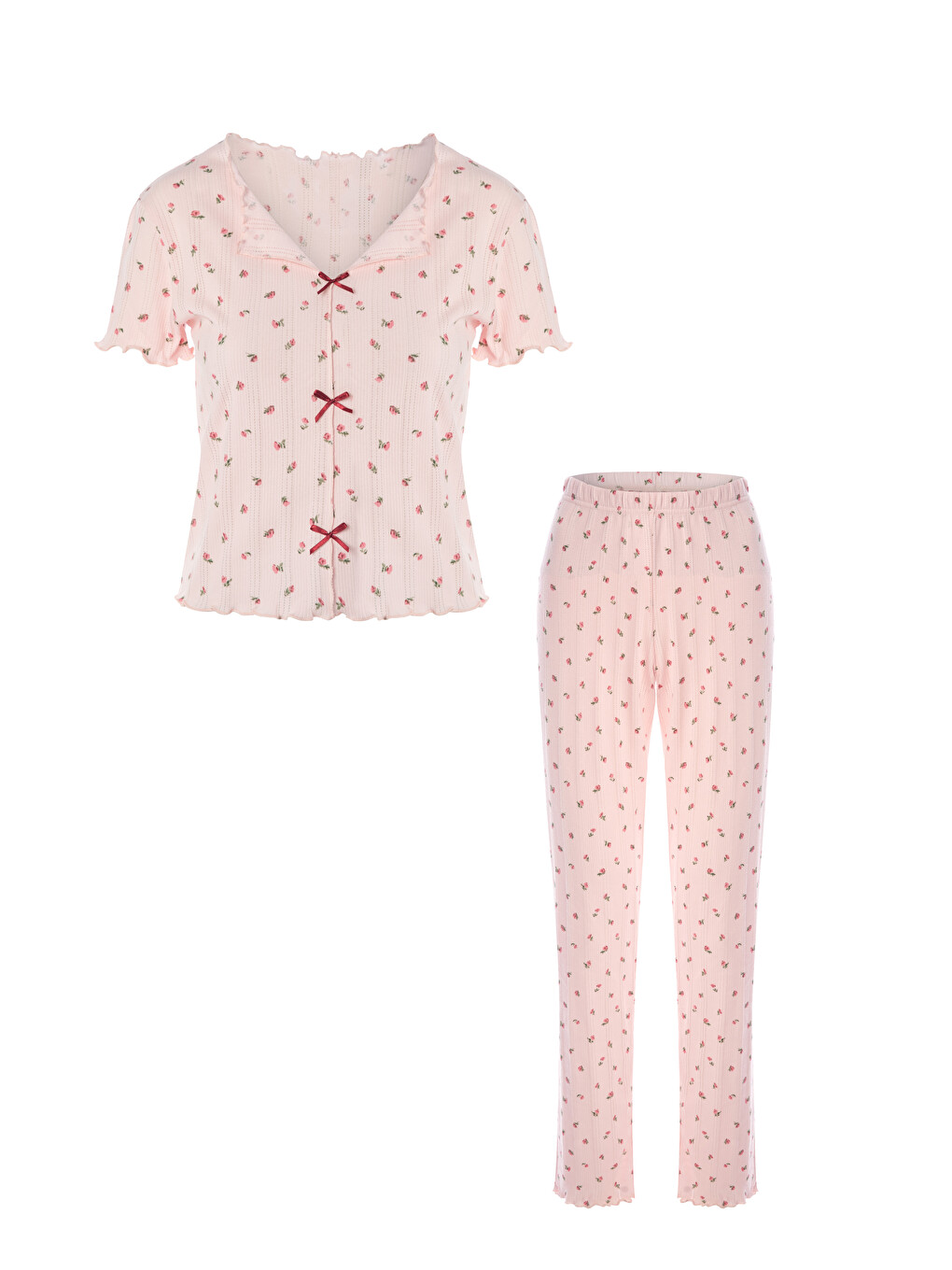 Pembe Kadın Kısa Kollu Fiyonklu Fitilli Pijama Takımı-3