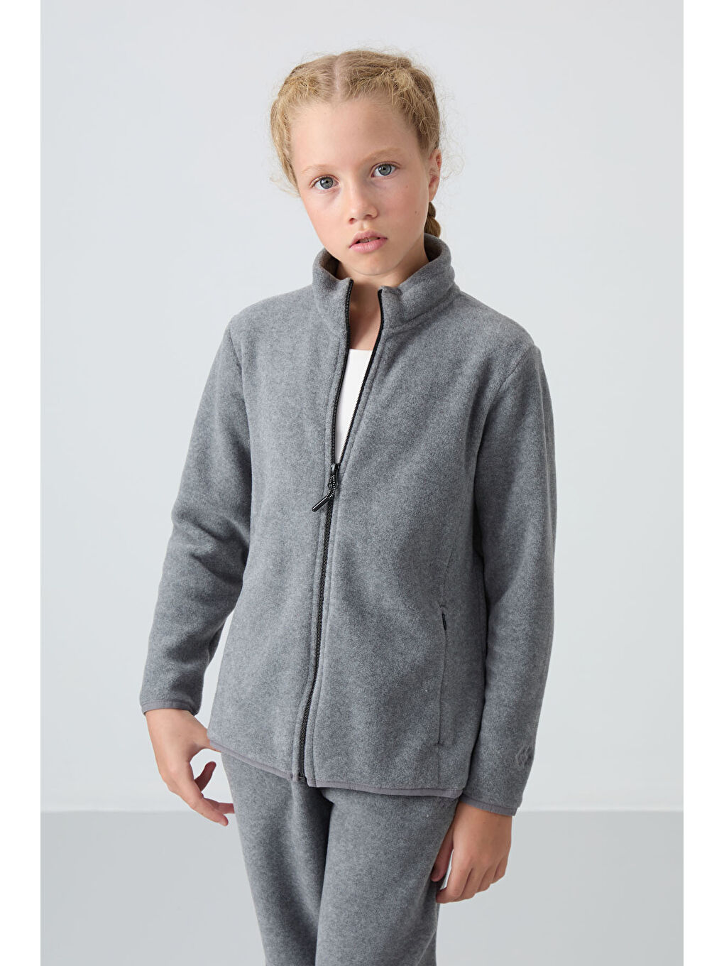 Gri Melanj Kalın Yumuşak Dokulu Standart Fit Nakışlı Polar Kız Çocuk Sweatshirt - 75154